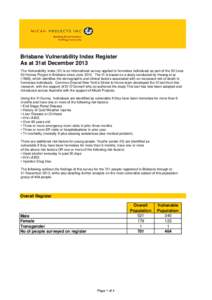 Brisbane Vulnerability Index Register As at 31st December 2013 The Vulnerability Index (VI) is an international survey applied to homeless individuals as part of the 50 Lives 50 Homes Project in Brisbane since June 2010.