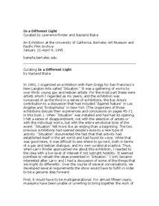 In a Different Light Curated by Lawrence Rinder and Nayland Blake An Exhibition at the University of California, Berkeley Art Museum and