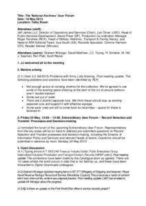 Title: The National Archives’ User Forum Date: 18 May 2013 Location: Talks Room Attendees (staff): Jeff James (JJ), Director of Operations and Services (Chair), Lee Oliver (LMO), Head of Public Services Development, Da