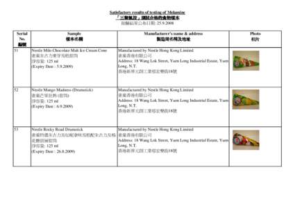 Satisfactory results of testing of Melamine 「三聚氰胺」 三聚氰胺」測試合格的食物樣本 抽驗結果公布日期: [removed]Serial No.
