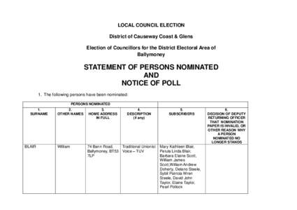 LOCAL COUNCIL ELECTION District of Causeway Coast & Glens Election of Councillors for the District Electoral Area of Ballymoney  STATEMENT OF PERSONS NOMINATED