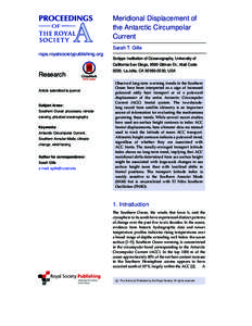 Meridional Displacement of the Antarctic Circumpolar Current Sarah T. Gille rspa.royalsocietypublishing.org Scripps Institution of Oceanography, University of