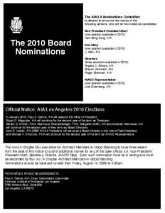 The AIA/LA Nominations Committee  is pleased to announce the names of the following persons, who will be nominated as candidates:  The 2010 Board