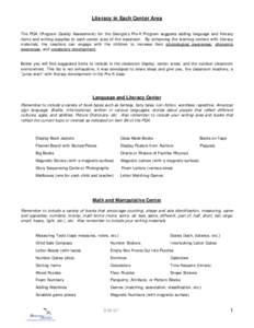 Literacy in Each Center Area The PQA (Program Quality Assessment) for the Georgia’s Pre-K Program suggests adding language and literacy items and writing supplies to each center area of the classroom. By enhancing the 