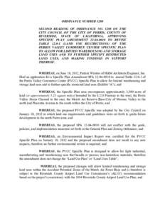 ORDINANCE NUMBER 1288 SECOND READING OF ORDINANCE NO[removed]OF THE CITY COUNCIL OF THE CITY OF PERRIS, COUNTY OF RIVERSIDE, STATE OF CALIFORNIA, APPROVING SPECIFIC PLAN AMENDMENT[removed]TO REVISE TABLE[removed]LAND US