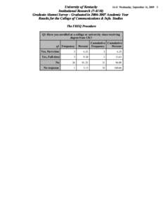 University of Kentucky 16:41 Wednesday, September 16, 2009 Institutional Research[removed]Graduate Alumni Survey - Graduated in[removed]Academic Year Results for the College of Communications & Info. Studies The FREQ 