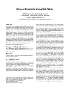 Concept Expansion Using Web Tables Chi Wang, Kaushik Chakrabarti, Yeye He, Kris Ganjam, Zhimin Chen, Philip A. Bernstein Microsoft Research, Redmond, WA {chiw, kaushik, yeyehe, krisgan, zmchen, philbe}@microsoft.com