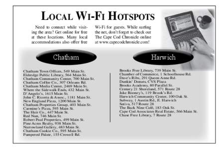 Local Wi-Fi Hotspots 	 Need to connect while visiting the area? Get online for free at these locations. Many local accommodations also offer free