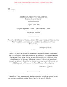 Case 14-42, Document 168-1, , , Page1 ofACLU v. Clapper  UNITED STATES COURT OF APPEALS