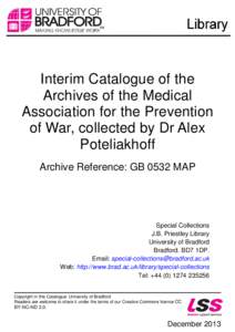 Interim Catalogue  of the Archives of The Medical Association for the Prevention of War, collected by Dr Alex Poteliakhoff.