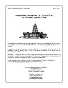 Preliminary Summary of Legislation 2018 Kansas Legislature