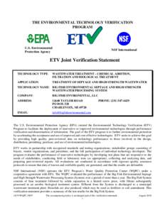 ETV Joint Verification Statement Treatment of Septage and High Strength Wastewater Big Fish Environmental Septage and High Strength Wastewater Processing System