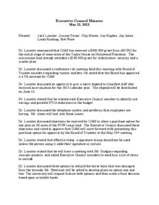 Executive Council Minutes May 21, 2013 Present: Jack Lassiter, Jimmie Yeiser, Clay Brown, Jay Hughes, Jay Jones, Linda Rushing, Bob Ware