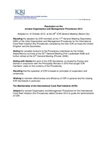 Initiative Internationale pour les Récifs Coralliens International Coral Reef Initiative www.icriforum.org  Resolution on the