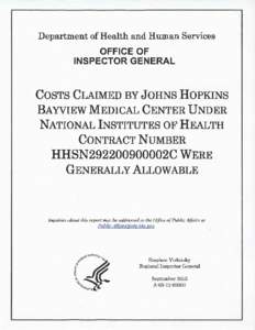 Costs Claimed by Johns Hopkins Bayview Medical Center Under National Intitutes of Health Contract Number HHSN292200900002C Were Generally Allowable