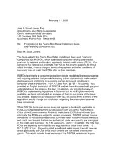 February 11, 2005  Jose A. Sosa Llorens, Esq. Sosa Llorens, Cruz Neris & Asociados Centro Internacional de Mercadeo 100 Carretera 165, Suite 605