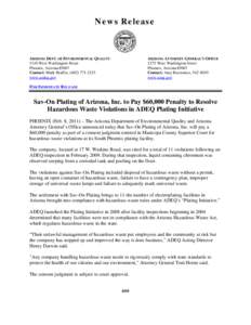 Sav-On Plating of Arizona, Inc. to Pay $60,000 Penalty to Resolve Hazardous Waste Violations in ADEQ Plating Initiative