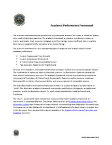 Academic Performance Framework  The academic framework focuses purposefully on quantitative academic outcomes as a basis for analysis to be used in high-stakes decisions. The academic framework is organized by indicators