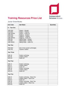 Training Resources Price List Junior Great Books Item Code Item Name