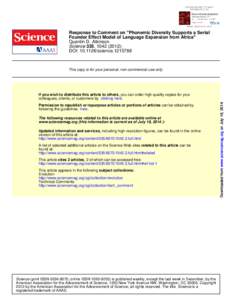 Response to Comment on ''Phonemic Diversity Supports a Serial Founder Effect Model of Language Expansion from Africa'' Quentin D. Atkinson Science 335, [removed]); DOI: [removed]science[removed]