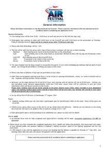 General Information Please find below information on the Bournemouth Air Festival. Please read this information with the attached terms & conditions before completing the application form. General Information  Core tr