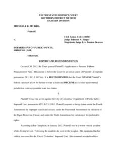 UNITED STATES DISTRICT COURT SOUTHERN DISTRICT OF OHIO EASTERN DIVISION MICHELLE R. MATHIS, Plaintiff, Civil Action 2:12-cv-00363