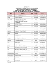 DIRECTORIO LUGARES DE RECEPCIÓN DE LOS FORMULARIOS DEL REGISTRO NACIONAL DE MUNICIPALIDADES 2014 INSTITUTO NACIONAL DE ESTADÍSTICA E INFORMÁTICA OFICINAS DEPARTAMENTALES DE ESTADÍSTICA E INFORMÁTICA ODEI