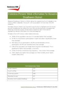 Illawarra Shoalhaven District is 250km along the coastal strip from Coledale in the north to Milton Ulladulla in the south, with a population of more than 370,000 residents. Homeless Persons Week is an important opportun