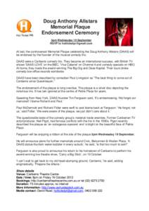 Hot Ticket PR  Doug Anthony Allstars Memorial Plaque Endorsement Ceremony 3pm Wednesday 19 September