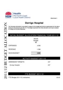 [removed]BUDGET ALLOCATION  Attachment 1 Dorrigo Hospital The following information is provided in respect to the budget and activity requirements for the above