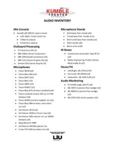 AUDIO INVENTORY Mix Console SoundCraft GB8 32 input console Left, Right, Center (sub) mix 4 Matrix outputs 8 Auxiliary outputs