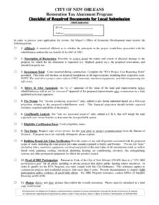 CITY OF NEW ORLEANS Restoration Tax Abatement Program Checklist of Required Documents for Local Submission (Initial Application)  RTA #: