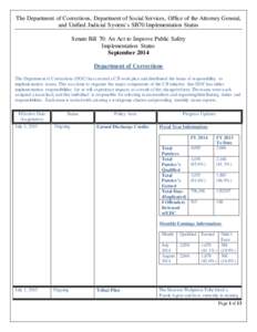 The Department of Corrections, Department of Social Services, Office of the Attorney General, and Unified Judicial System’s SB70 Implementation Status Senate Bill 70: An Act to Improve Public Safety Implementation Stat