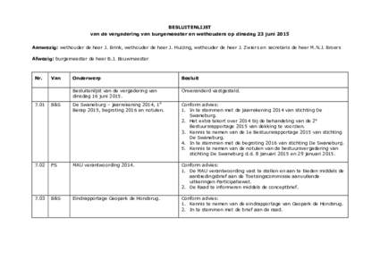 BESLUITENLIJST van de vergadering van burgemeester en wethouders op dinsdag 23 juni 2015 Aanwezig: wethouder de heer J. Brink, wethouder de heer J. Huizing, wethouder de heer J. Zwiers en secretaris de heer M.N.J. Broers