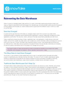 WHITE PAPER  Reinventing the Data Warehouse When it comes to managing today’s data and how it is used, current data warehousing solutions simply can’t keep up. Based on assumptions and technologies from decades ago, 