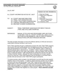 STATE OF CALIFORNIA - HEALTH AND HUMAN SERVICES AGENCY  ARNOLD SCHWARZENEGGER, Governor DEPARTMENT OF SOCIAL SERVICES 744 P Street, Sacramento, California 95814