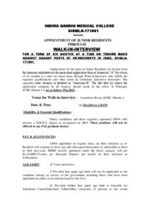 INDIRA GANDHI MEDICAL COLLEGE SHIMLA[removed] ***** APPOINTMENT OF JUNIOR RESIDENTS THROUGH