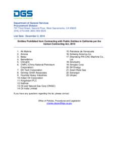 Department of General Services Procurement Division 707 Third Street, Second Floor, West Sacramento, CA[removed][removed]5529 List Date: December 2, 2014 Entities Prohibited from Contracting with Public Ent