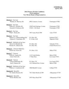 UNOFFICIAL April 6, Primary Election Candidates 53rd Legislature New Mexico House of Representatives