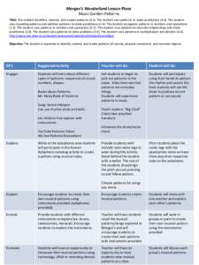 Morgan’s Wonderland Lesson Plans Music Garden Patterns TEKS: The student identifies, extends, and creates patterns (K.5). The student uses patterns to make predictions (K.6). The student uses repeating patterns and add