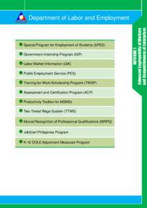 Special Program for Employment of Students (SPES) Government Internship Program (GIP) Labor Market Information (LMI) Public Employment Service (PES) Training-for-Work Scholarship Program (TWSP) Assessment and Certificati