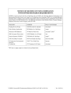 NOTICE OF SIGNIFICANT NON-COMPLIANCE WITH SEWER DISCHARGE REQUIREMENTS NOTICE is hereby given by the City of San Diego that in CY2013, the following industries discharging to the Metropolitan Sewerage System were found t