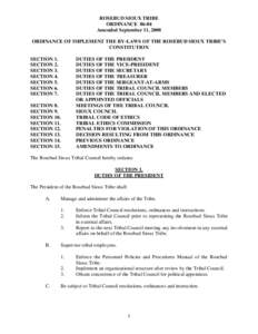 ROSEBUD SIOUX TRIBE ORDINANCE[removed]Amended September 11, 2008 ORDINANCE OF IMPLEMENT THE BY-LAWS OF THE ROSEBUD SIOUX TRIBE’S CONSTITUTION SECTION 1.