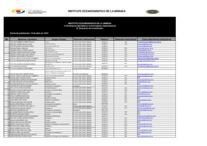 INSTITUTO OCEANOGRÁFICO DE LA ARMADA  INSTITUTO OCEANOGRÁFICO DE LA ARMADA 1) Parámetros Aplicables a la Información Administrativa B. Directorio de la Institución Fecha de publicación: 15 de julio de 2014