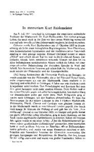 Math. Ann. 199, [removed]) © by Springer-Verlag 1972 In memoriam Kurt Reidemeister Am 8. Juli 1971 verschied in G6ttingen der emeritierte ordentliche Professor der Mathematik Dr. Kurt Reidemeister. Ein reiches geistige