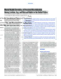  RESEARCH   Mental Health Correlates of Perceived Discrimination Among Lesbian, Gay, and Bisexual Adults in the United States | Vickie M. Mays, PhD,
