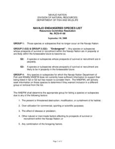 NAVAJO NATION DIVISION OF NATURAL RESOURCES DEPARTMENT OF FISH AND WILDLIFE NAVAJO ENDANGERED SPECIES LIST Resources Committee Resolution