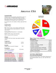 ARKANSAS USA GEOGRAPHY Arkansas is near the geographic and population centers of the United States. Its borders adjoin Texas, Louisiana, Mississippi, Tennessee, Missouri, and Oklahoma with the Mississippi River forming t