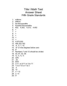 Title I Math Test Answer Sheet Fifth Grade Standards[removed].