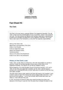 Legislative Assembly Parliament of Victoria Fact Sheet H3 The Clerk